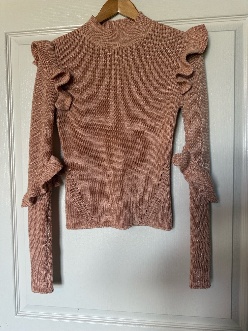 Peach Ruffle Sleeve Knit Sweater With Gold Lurex